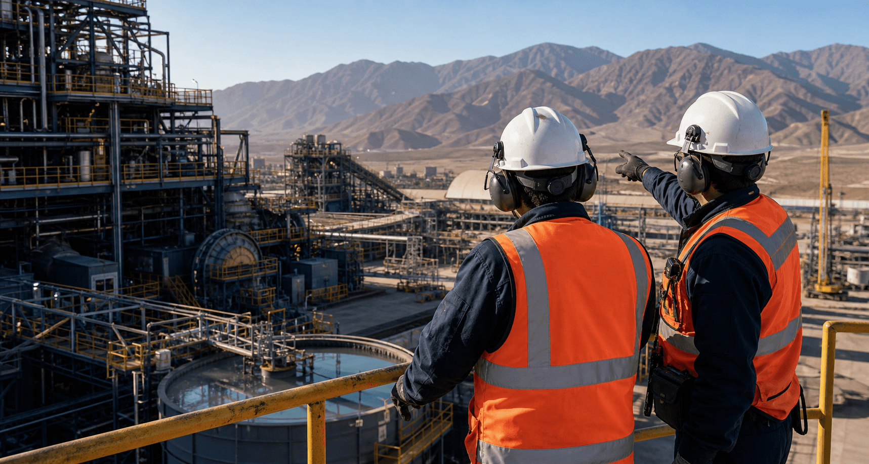 Profesionales inspeccionando una planta minera en el norte de Chile
